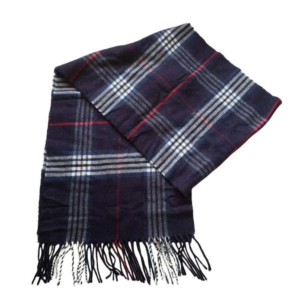 Made Scotland Blue Plaid Acrylic Fringe Rectangle Scarf 11 x 62
